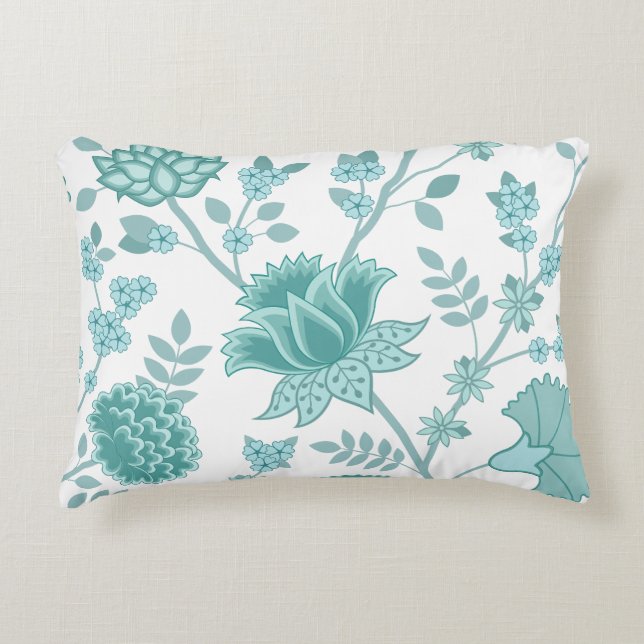 Jacobean Floral Lg Pattern Teals op wit Accent Kussen (Voorkant)