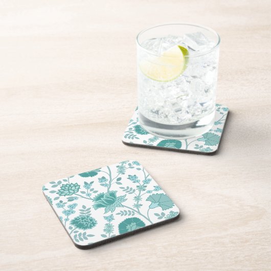 Jacobean Floral Lg Pattern Teals op wit Bier Onderzetter (Rechterzijde)