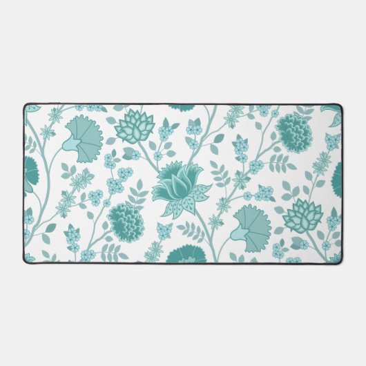 Jacobean Floral Lg Pattern Teals op wit Bureaumat (Voorkant)