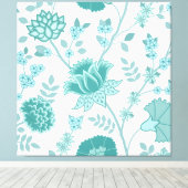 Jacobean Floral Lg Pattern Teals op wit Canvas Afdruk (Insitu (Houten vloer))