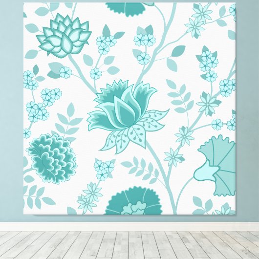 Jacobean Floral Lg Pattern Teals op wit Canvas Afdruk (Insitu (Houten vloer))