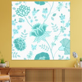 Jacobean Floral Lg Pattern Teals op wit Canvas Afdruk (Insitu (Woonkamer))