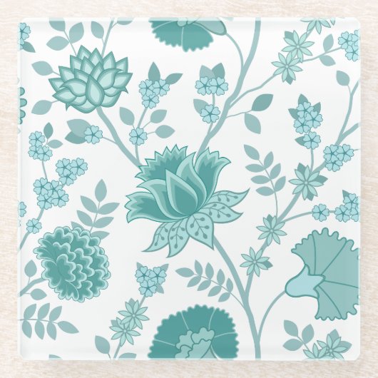 Jacobean Floral Lg Pattern Teals op wit Glazen Onderzetter (Voorkant)