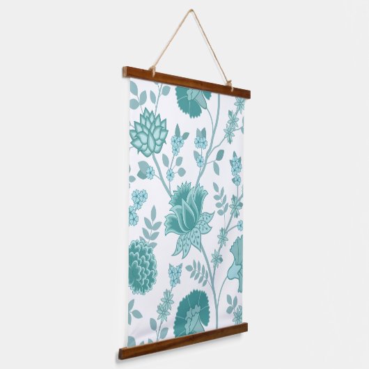 Jacobean Floral Lg Pattern Teals op wit Hangend Wandkleed (Gebogen)