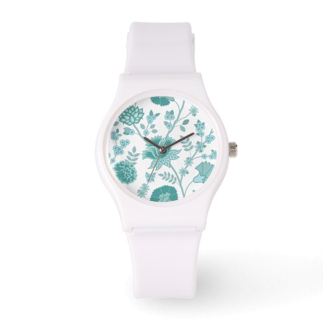 Jacobean Floral Lg Pattern Teals op wit Horloge (Voorkant)