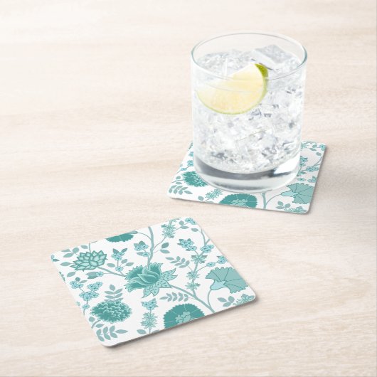 Jacobean Floral Lg Pattern Teals op wit Kartonnen Onderzetters (Insitu)