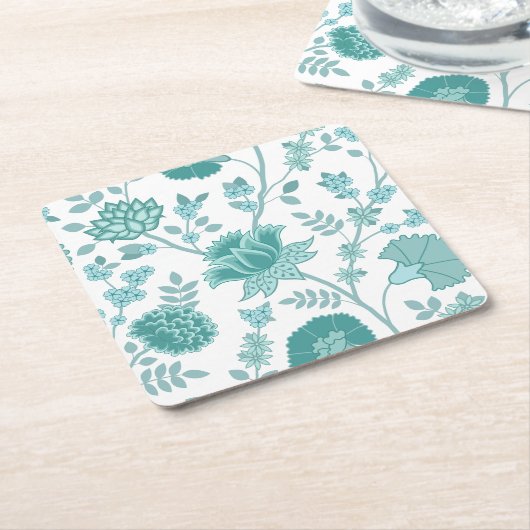 Jacobean Floral Lg Pattern Teals op wit Kartonnen Onderzetters (Schuin)