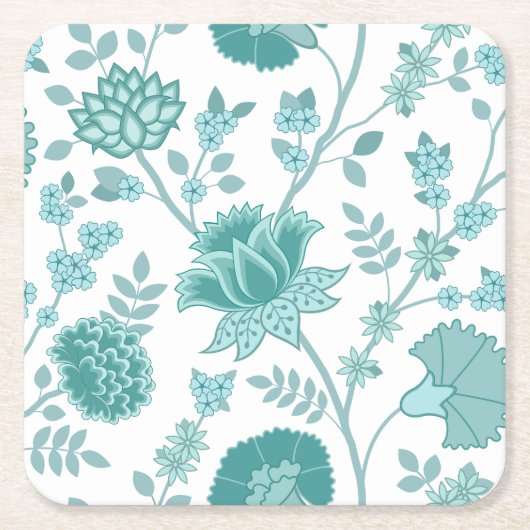 Jacobean Floral Lg Pattern Teals op wit Kartonnen Onderzetters (Voorkant)