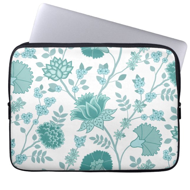 Jacobean Floral Lg Pattern Teals op wit Laptop Sleeve (Voorkant)