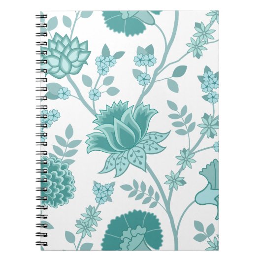 Jacobean Floral Lg Pattern Teals op wit Notitieboek (Voorkant)