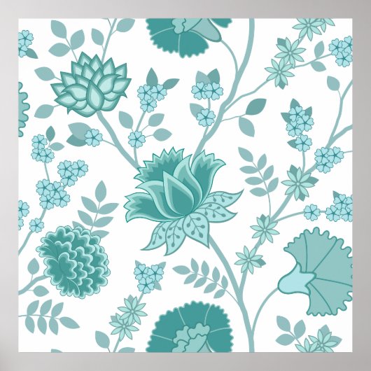 Jacobean Floral Lg Pattern Teals op wit Poster (Voorkant)