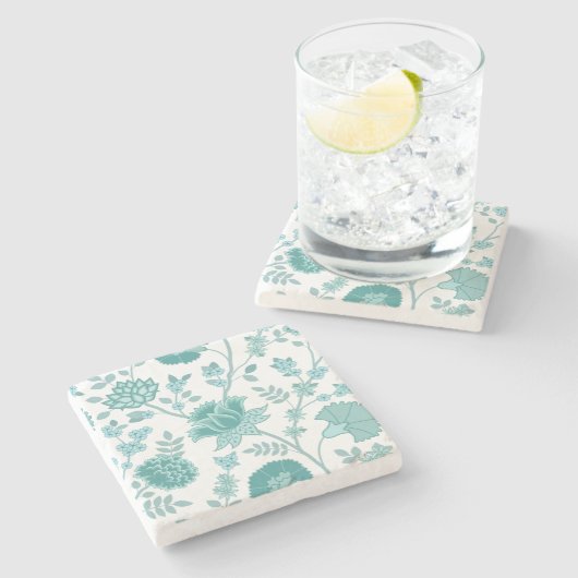 Jacobean Floral Lg Pattern Teals op wit Stenen Onderzetter (Zijkant)