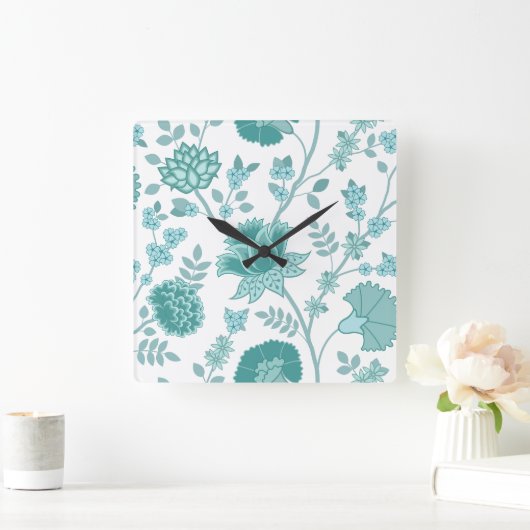 Jacobean Floral Lg Pattern Teals op wit Vierkante Klok (Huis)