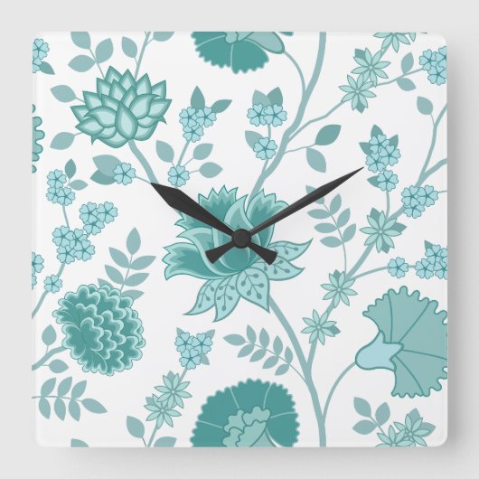 Jacobean Floral Lg Pattern Teals op wit Vierkante Klok (Voorkant)