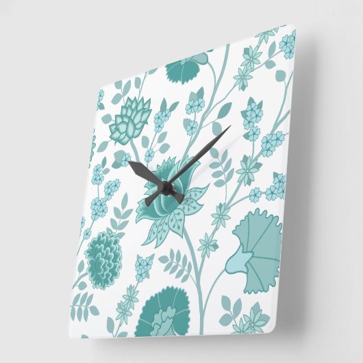 Jacobean Floral Lg Pattern Teals op wit Vierkante Klok (Hoek)
