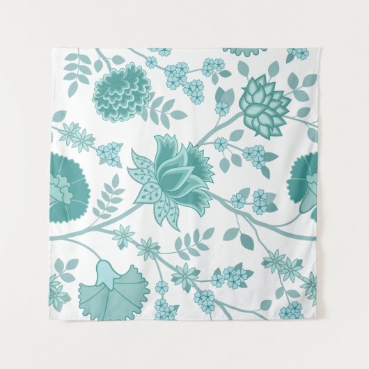 Jacobean Floral Lg Pattern Teals op wit Wandkleed (Voorkant (horizontaal))