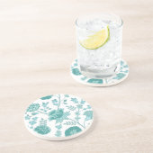 Jacobean Floral Lg Pattern Teals op wit Zandsteen Onderzetter (Zijkant)