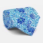 Jacobean Floral, Navy, White en Cerulean Blue Stropdas (Opgerold)