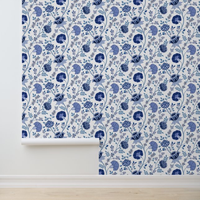 Jacobean Floral Patroon Blauw op Wit Behang (Applicatie)