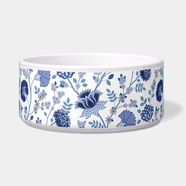 Jacobean Floral Pattern Blues op wit Voerbakje (Voorkant)