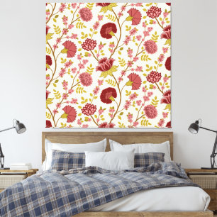 Jacobean Floral Pattern Reds Pinks Gold Cream Canvas Afdruk