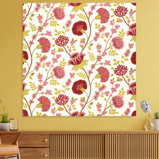 Jacobean Floral Pattern Reds Pinks Gold Cream Canvas Afdruk (Insitu (Woonkamer))