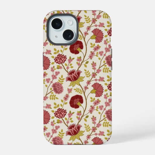 Jacobean Floral Pattern Reds Pinks Gold Cream iPhone 15 Case (Achterkant)