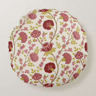 Jacobean Floral Pattern Reds Pinks Gold Cream Rond Kussen