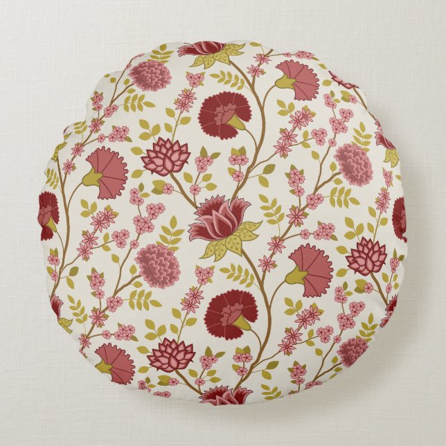 Jacobean Floral Pattern Reds Pinks Gold Cream Rond Kussen (Voorkant)