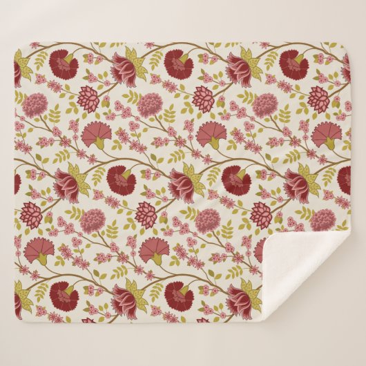 Jacobean Floral Pattern Reds Pinks Gold Cream Sherpa Deken (Voorkant (horizontaal))