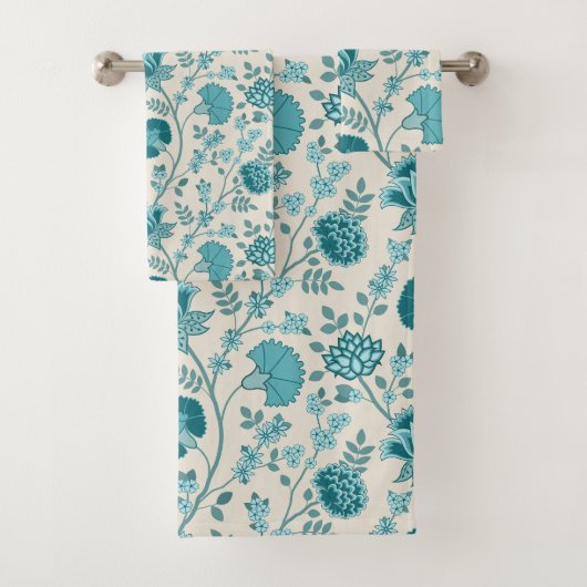 Jacobean Floral Pattern Teals op Cream Bad Handdoek (Insitu)