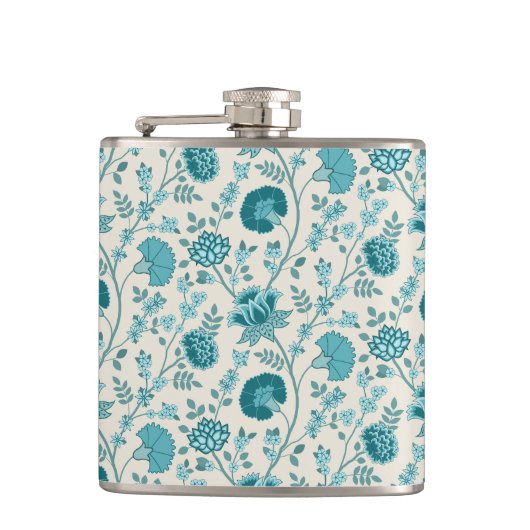 Jacobean Floral Pattern Teals op Cream Heupfles (Voorkant)