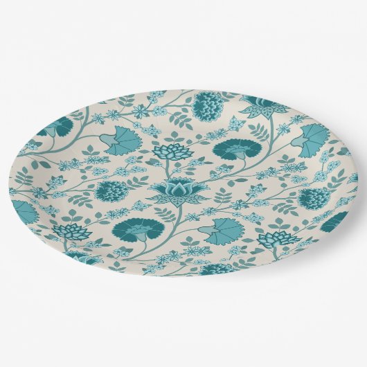 Jacobean Floral Pattern Teals op Cream Papieren Bordje (Gekanteld)