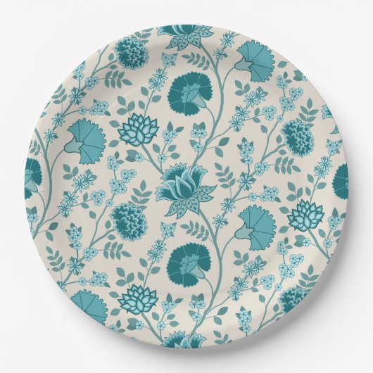 Jacobean Floral Pattern Teals op Cream Papieren Bordje (Voorkant)