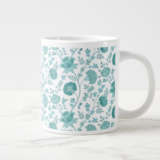 Jacobean Floral Pattern Teals op wit Grote Koffiekop (Rechts)