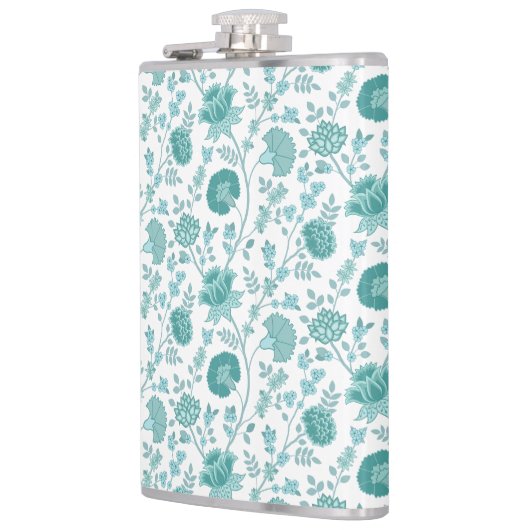 Jacobean Floral Pattern Teals op wit Heupfles (Links)