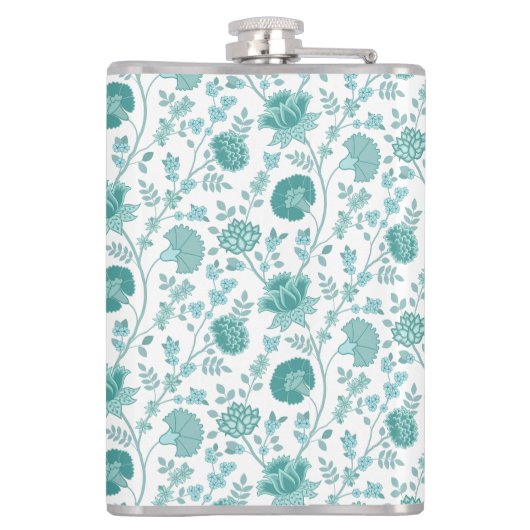 Jacobean Floral Pattern Teals op wit Heupfles (Achterkant)