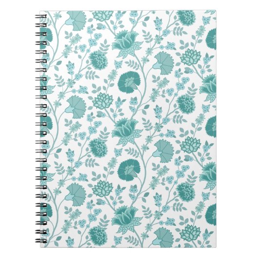 Jacobean Floral Pattern Teals op wit Notitieboek (Voorkant)