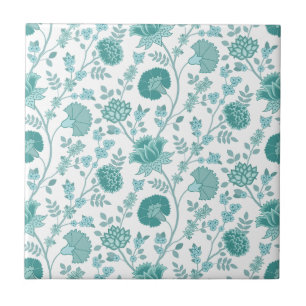 Jacobean Floral Pattern Teals op wit Tegeltje