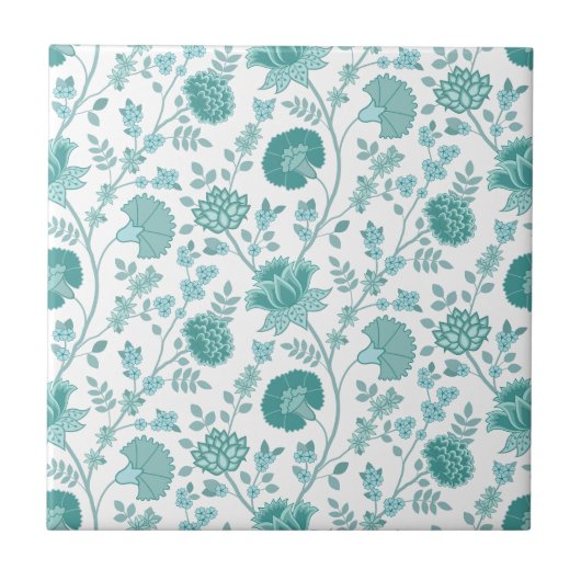 Jacobean Floral Pattern Teals op wit Tegeltje (Voorkant)