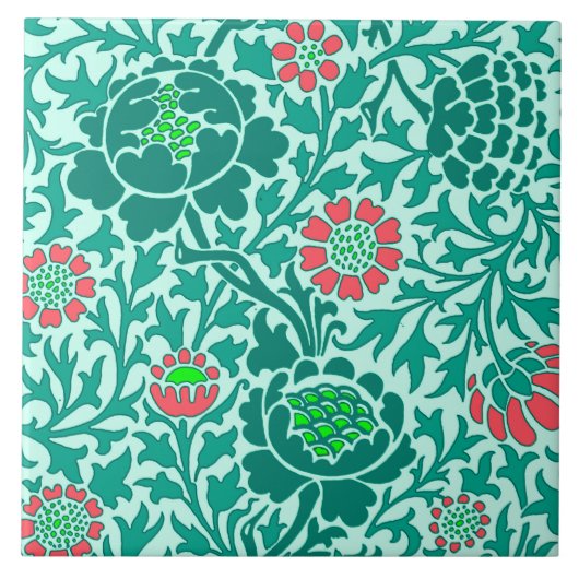 Jacobean Floral, Turquoise, Aqua & Coral Tegeltje (Voorkant)