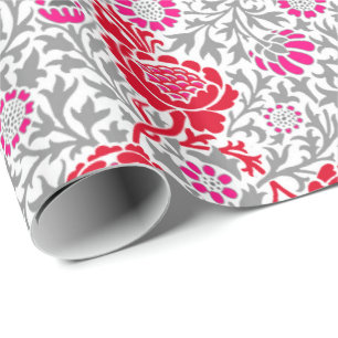 Jacobean Floral Wallpaper, Deep Red, Pink & Grey Cadeaupapier