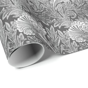 Jacobean Flower Damask, Grey/Grey en White Cadeaupapier