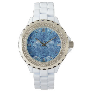 Jacobean Flower Damask, Navy, Sky Blue en White Horloge