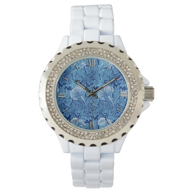 Jacobean Flower Damask, Navy, Sky Blue en White Horloge (Voorkant)