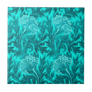 Jacobean Flower Damask, Turquoise Blauwgroen en Aq Tegeltje