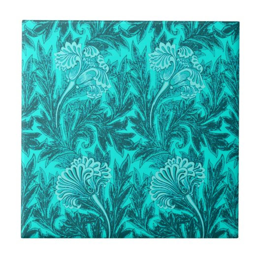 Jacobean Flower Damask, Turquoise Blauwgroen en Aq Tegeltje (Voorkant)