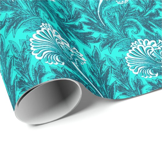 Jacobean Flower Damask, Turquoise en Blauwgroen Bl Cadeaupapier (Rol Hoek)