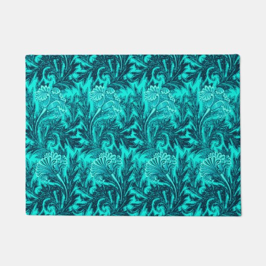Jacobean Flower Damask, Turquoise en Blauwgroen Bl Deurmat (Voorkant)