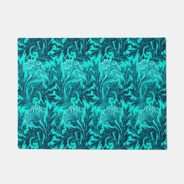Jacobean Flower Damask, Turquoise en Blauwgroen Bl Deurmat (Voorkant)